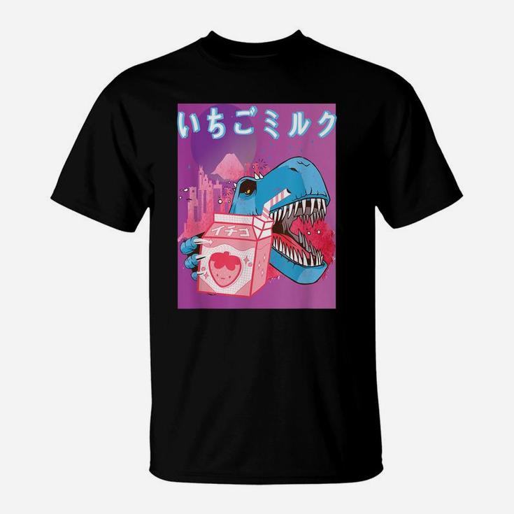 Funny Retro 90S Kawaii Strawberry Milk Shake T-Rex Carton T-Shirt