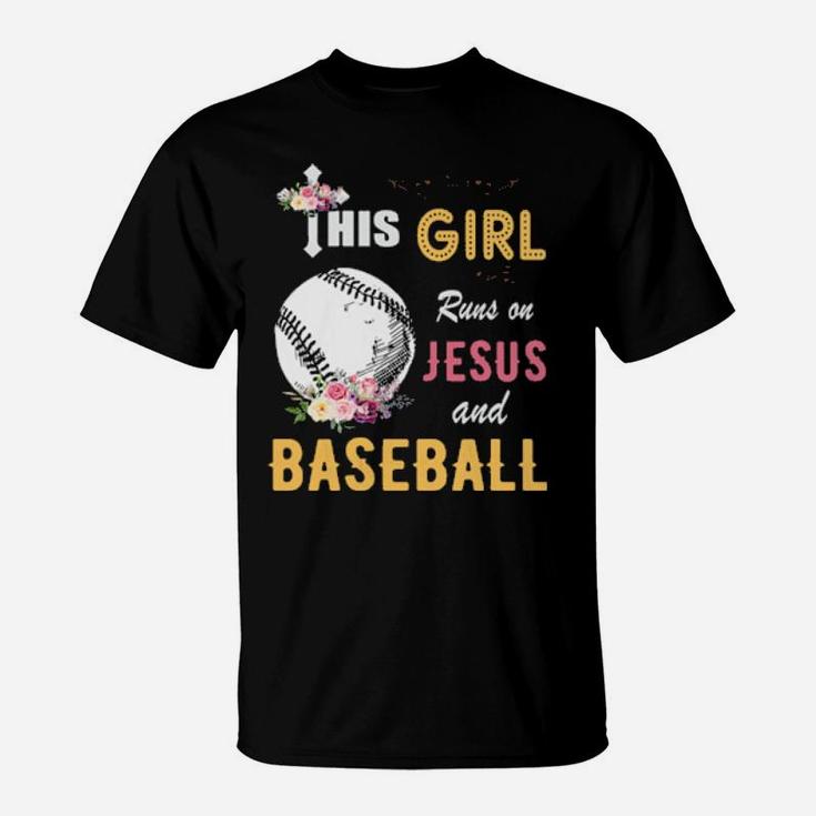 Funny Watercolor Girl Run On Jesus And Baseball T-Shirt