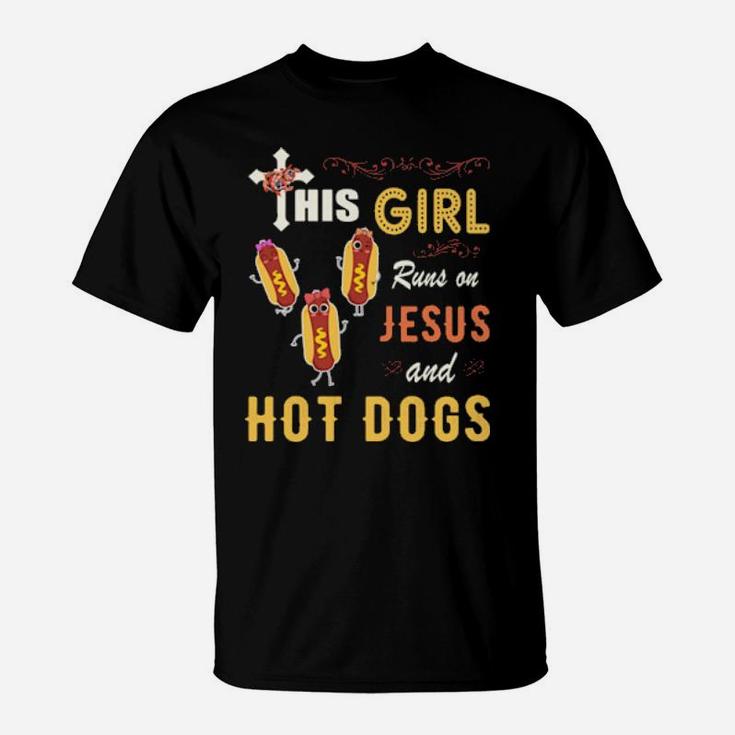Funny Watercolor Girl Run On Jesus And Hot Dogs T-Shirt