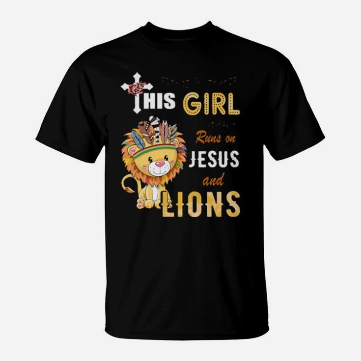 Funny Watercolor Girl Run On Jesus And Lions T-Shirt