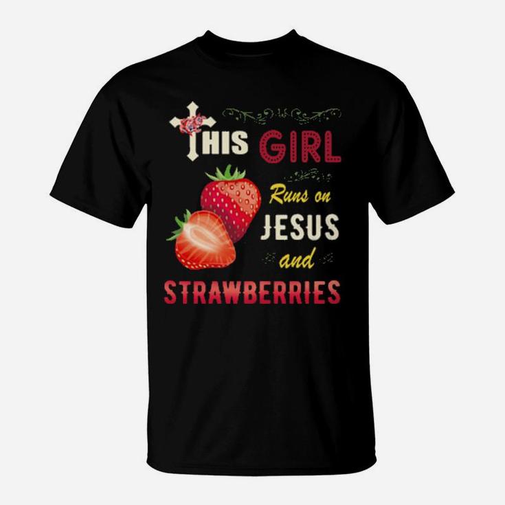 Funny Watercolor Girl Run On Jesus And Strawberries T-Shirt
