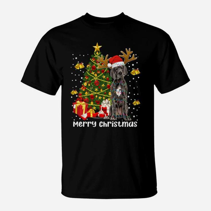 Great Dane Christmas Lights Tree Santa Xmas Pajamas Dog Dad T-Shirt