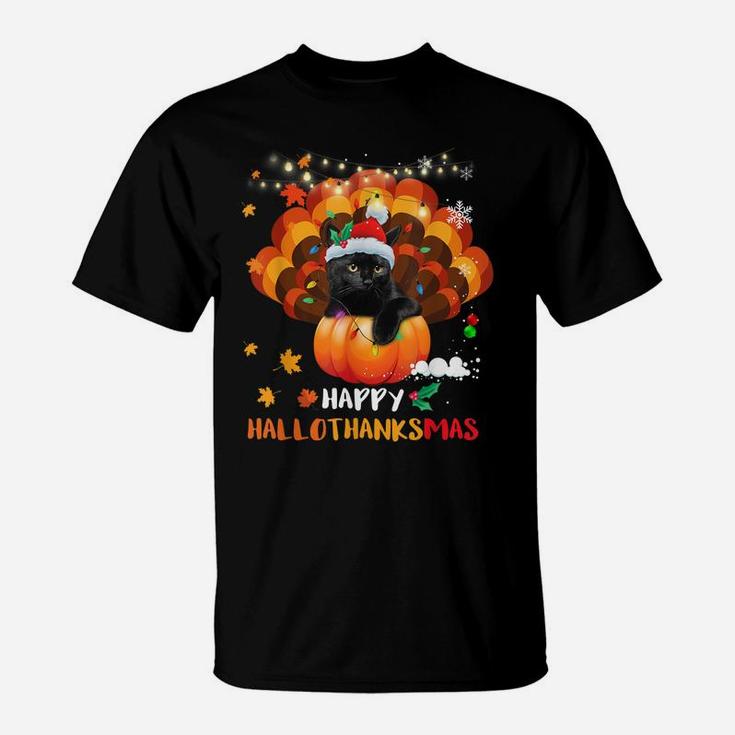 Happy Hallothanksmas Pumpkin Turkey Black Cat Lovers Gifts T-Shirt
