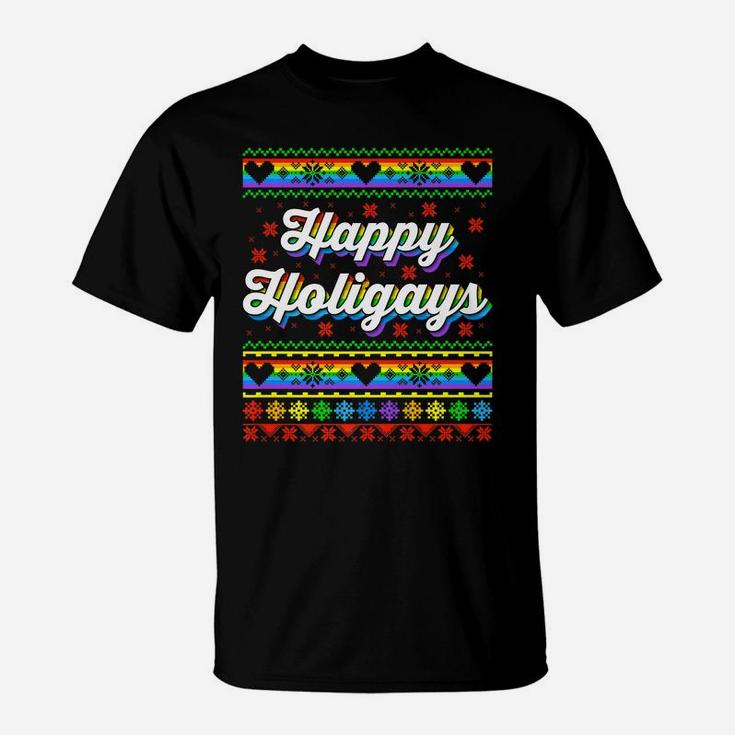 Happy Holigays Funny Lgbtq Pride Ugly Christmas T-Shirt