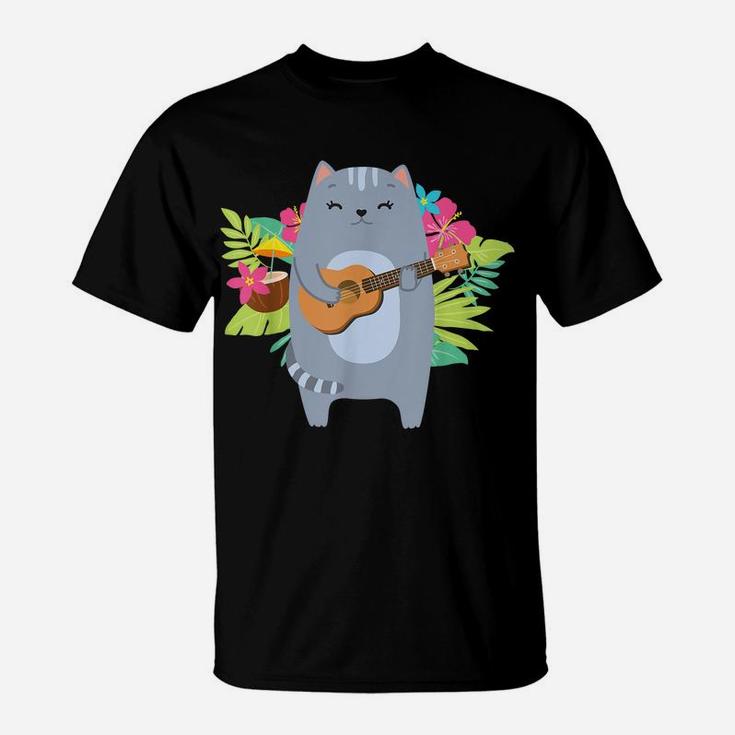 Hawaiian Uke Cat Playing Ukulele Flower T-Shirt