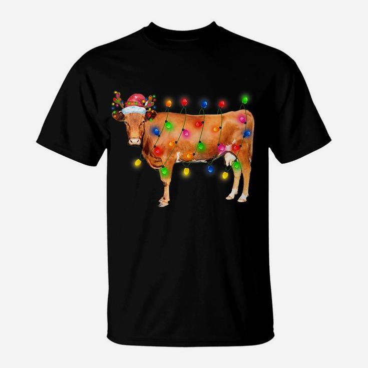 Heifer Cow Christmas Lights Funny Santa Hat Merry Christmas Raglan Baseball Tee T-Shirt