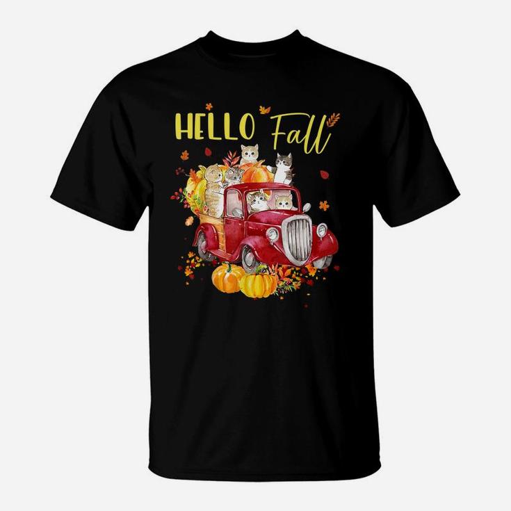 Hello Fall Truck Pumpkin Funny Cat Kitties Thanksgiving Day T-Shirt