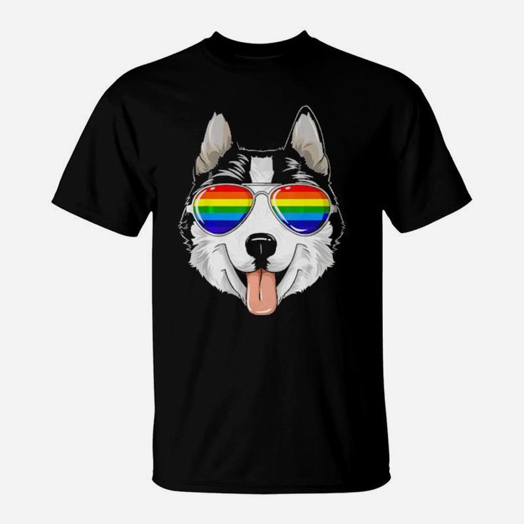 Husky Gay Pride Flag Lgbt Rainbow Sunglasses Husky T-Shirt