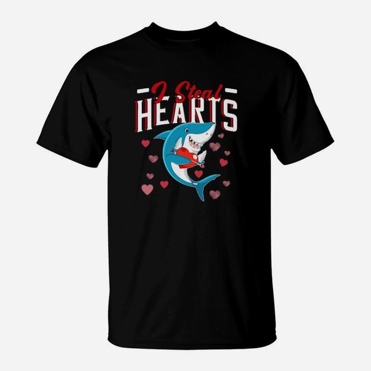 I Steal Hearts Shirt Valentines Day Boys Girls Gift Shark T-Shirt