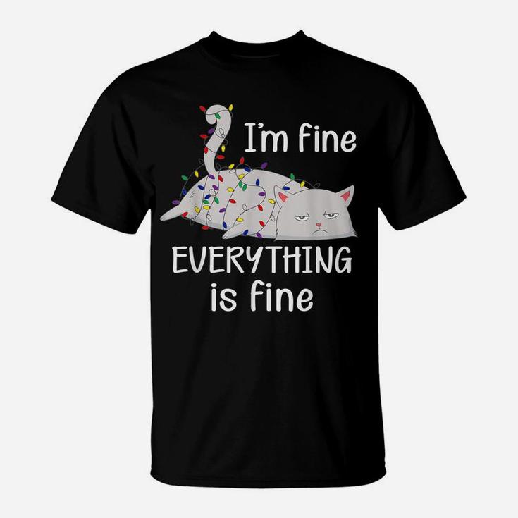 I'm Fine Everything Is Fine Christmas Lights Funny Cat Lover T-Shirt