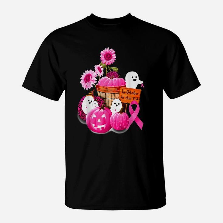 In October We Wear Pink Pumpkin, Ghost And Flower T-Shirt