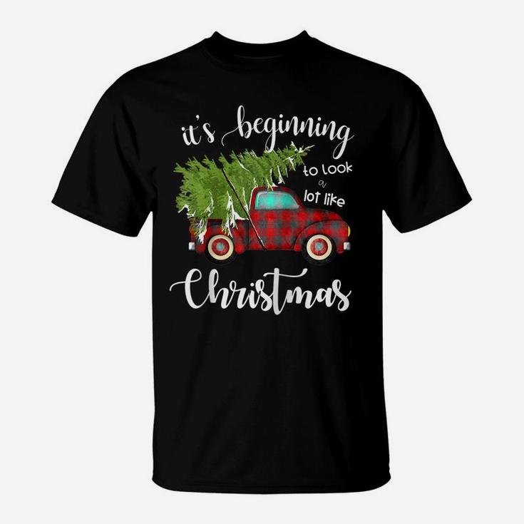 Its Beginning To Look A Lot Like Christmas Vintage Truck Raglan Baseball Tee T-Shirt