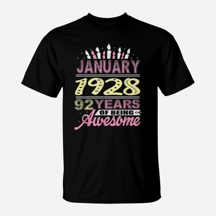 January 1928 92 Years 92Nd Birthday Candle Gifts For Women T-Shirt