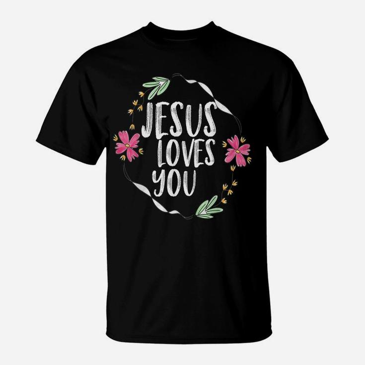 Jesus Loves You With Round Flower Frame Graphic T-Shirt