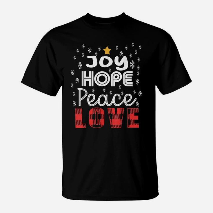 Joy Hope Peace Love Snowflakes Buffalo Plaid Text Christmas T-Shirt