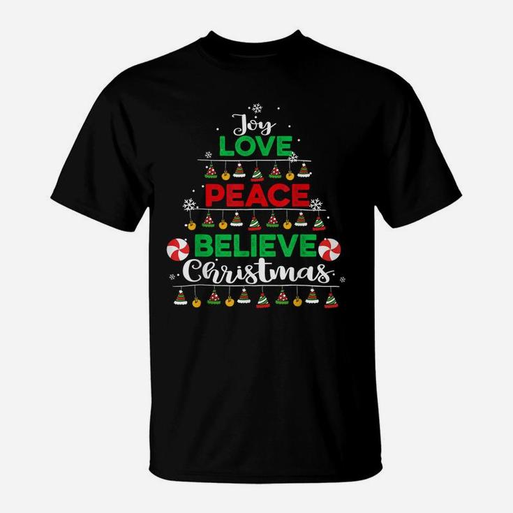 Joy Love Peace Believe Christmas Boys Kids Girls Xmas Tree T-Shirt