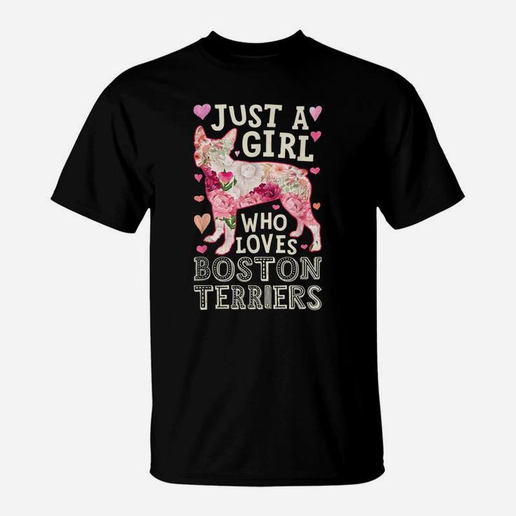 Just A Girl Who Loves Boston Terriers Dog Silhouette Flower T-Shirt