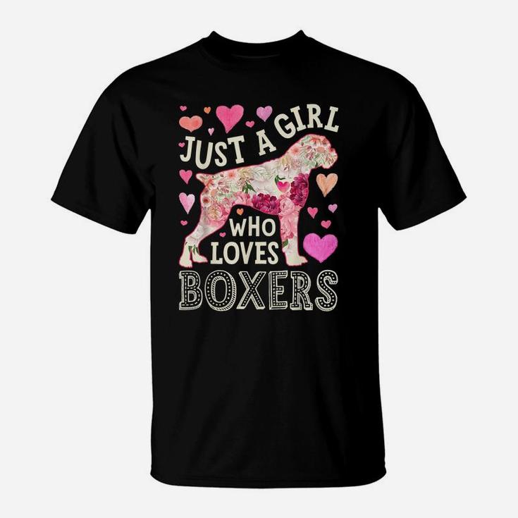 Just A Girl Who Loves Boxers Dog Silhouette Flower Floral T-Shirt