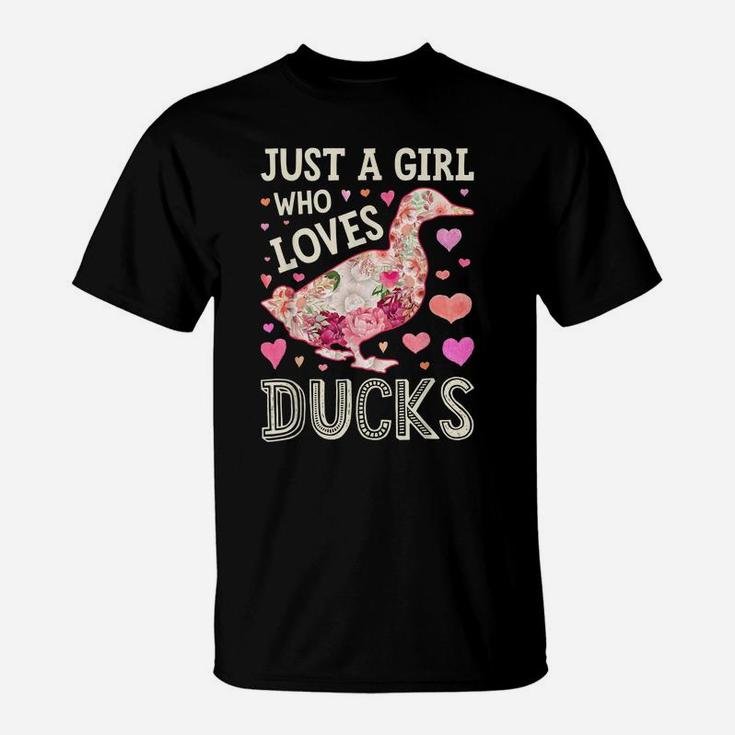 Just A Girl Who Loves Ducks Funny Duck Silhouette Flower T-Shirt