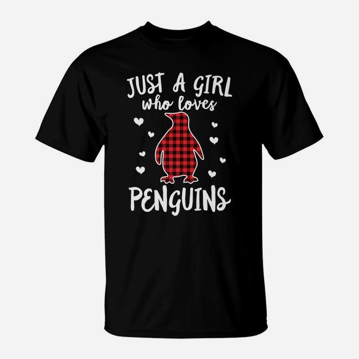 Just A Girl Who Loves Penguins Buffalo Plaid Christmas Gift T-Shirt