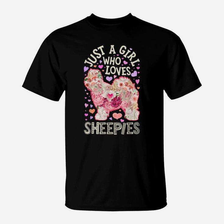 Just A Girl Who Loves Sheepies Old English Sheepdog Flower T-Shirt
