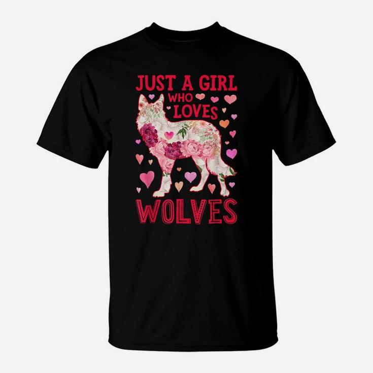 Just A Girl Who Loves Wolves Funny Wolf Silhouette Flower T-Shirt