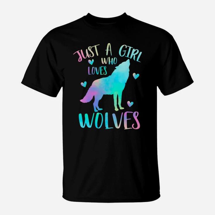 Just A Girl Who Loves Wolves Watercolor Cute Wolf Lover Gift T-Shirt