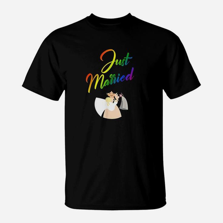 Just Married Double Bride Couple Rainbow Color Print T-Shirt