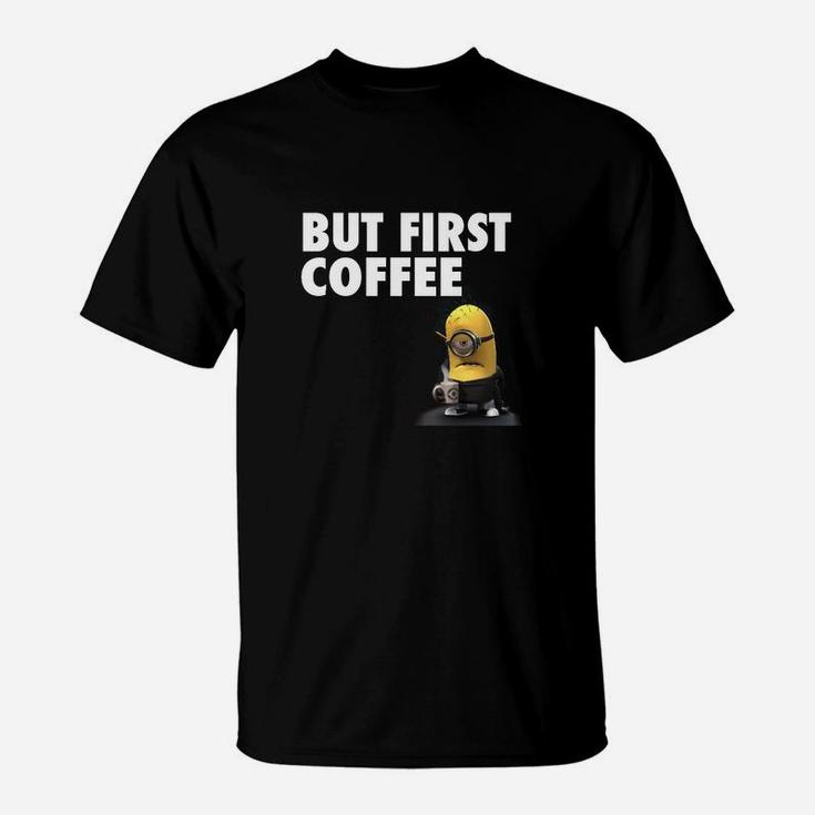 Kaffeeliebhaber T-Shirt But First Coffee mit Cartoon-Figur, Lustiges Kaffee-Tee
