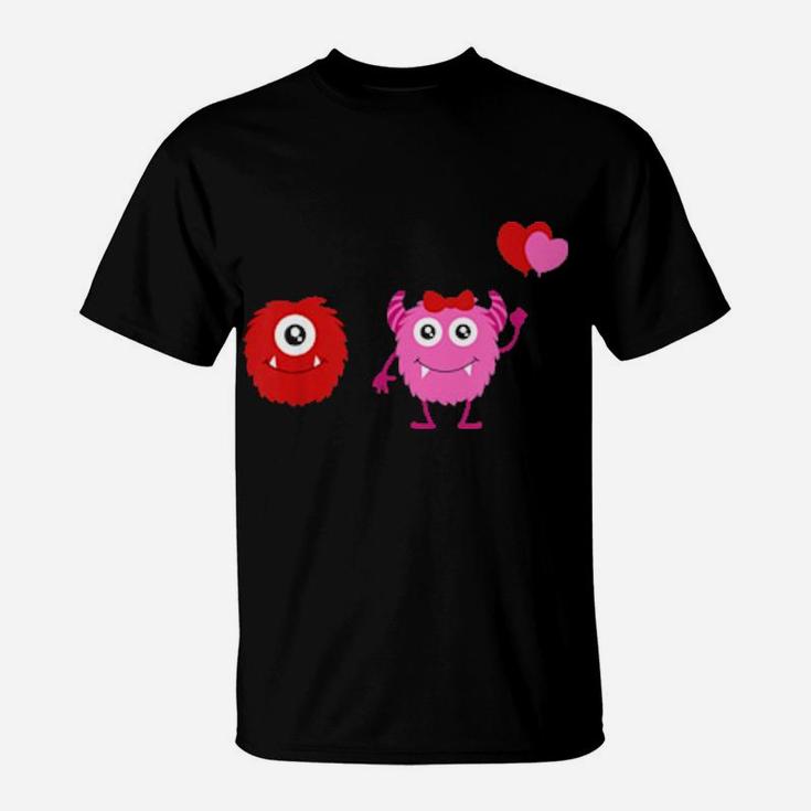 Kids Boys And Girls Valentines Day Monsters With Heart Balloons T-Shirt