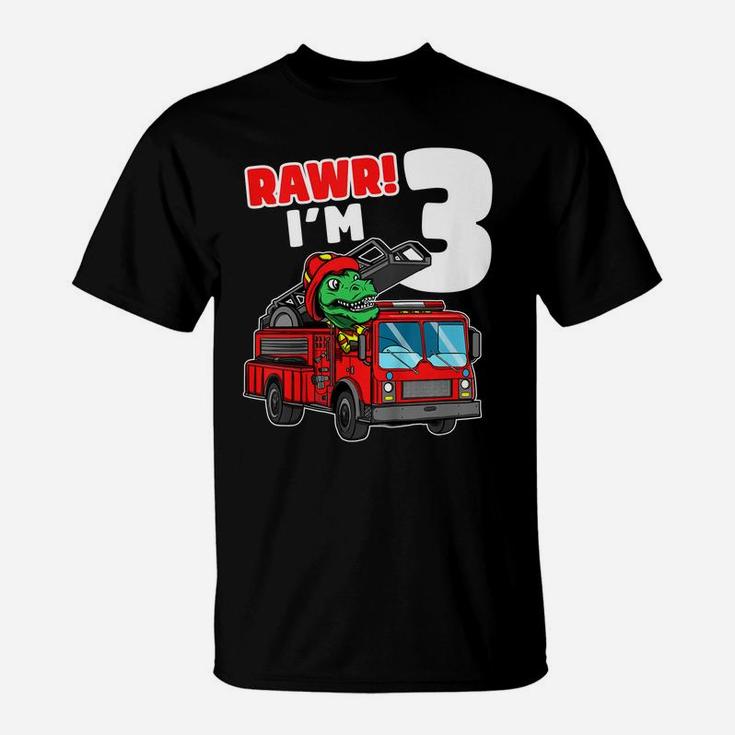 Kids Dinosaur Fire Truck 3Rd Birthday Boy 3 T-Rex Firefighter T-Shirt