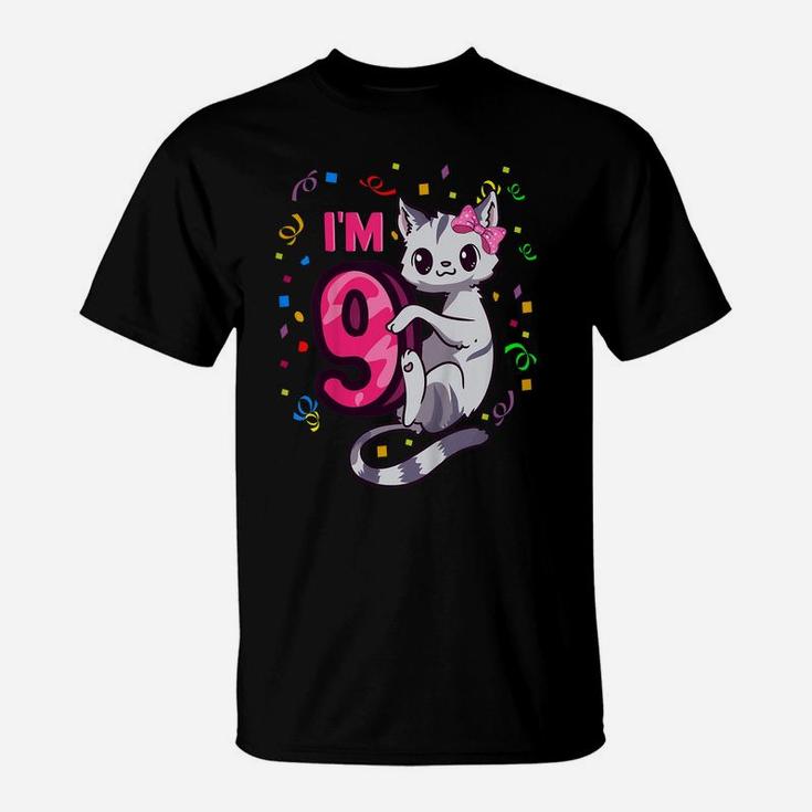 Kids Girls 9Th Birthday Outfit I'm 9 Years Old Cat Kitty Kitten T-Shirt
