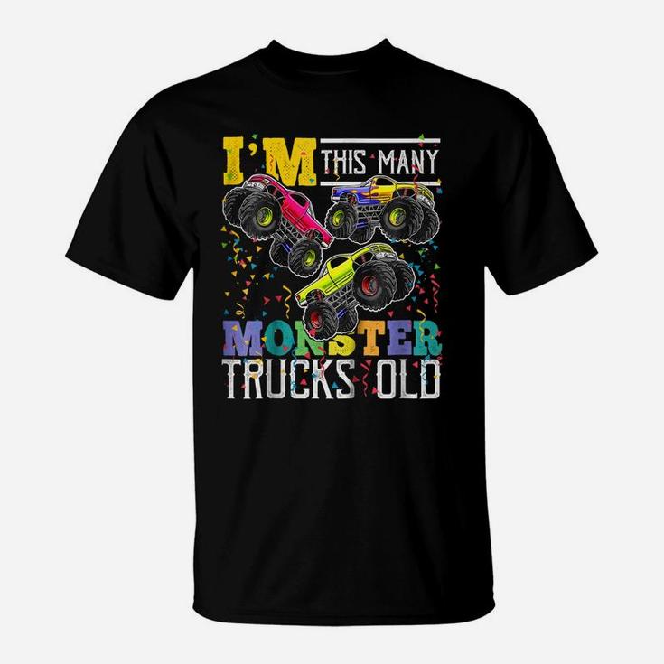 Kids I'm This Many Monster Trucks Old 3Rd Birthday Shirt Boy Gift T-Shirt