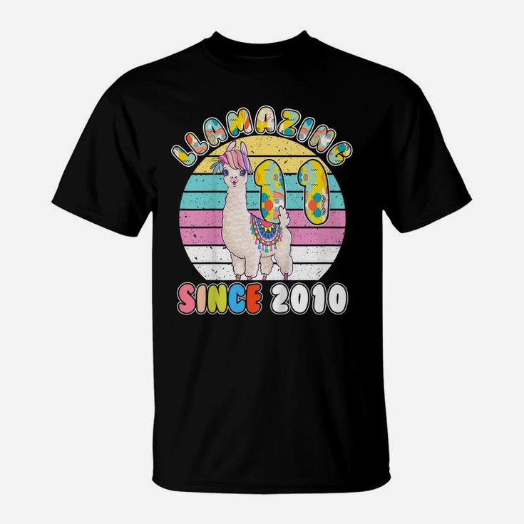Kids Llama Girl 11 Year Old Llamazing Since 2010 11Th Birthday T-Shirt