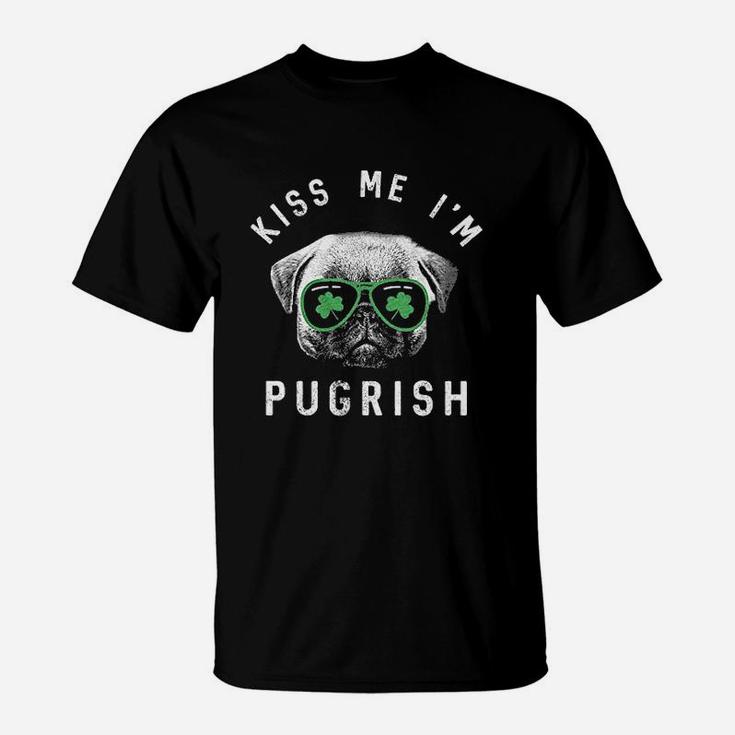 Kiss Me Im Pugrish Funny Saint Patricks Day Pug Irish Clover T-Shirt