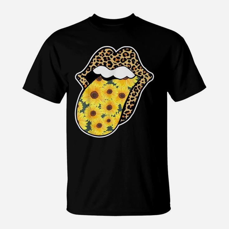 Leopard Lips Sunflower Tongue Sticking Out Flower Graphic T-Shirt