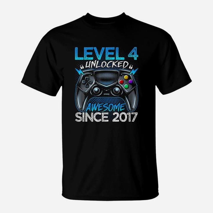 Level 4 Unlocked Awesome Since 2017 4Th Birthday Gaming T-Shirt