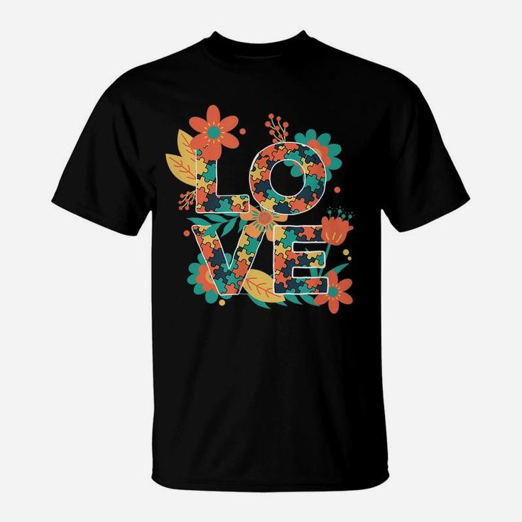 Love Autism Awareness Be Kind Puzzle Pieces And Flower T-Shirt
