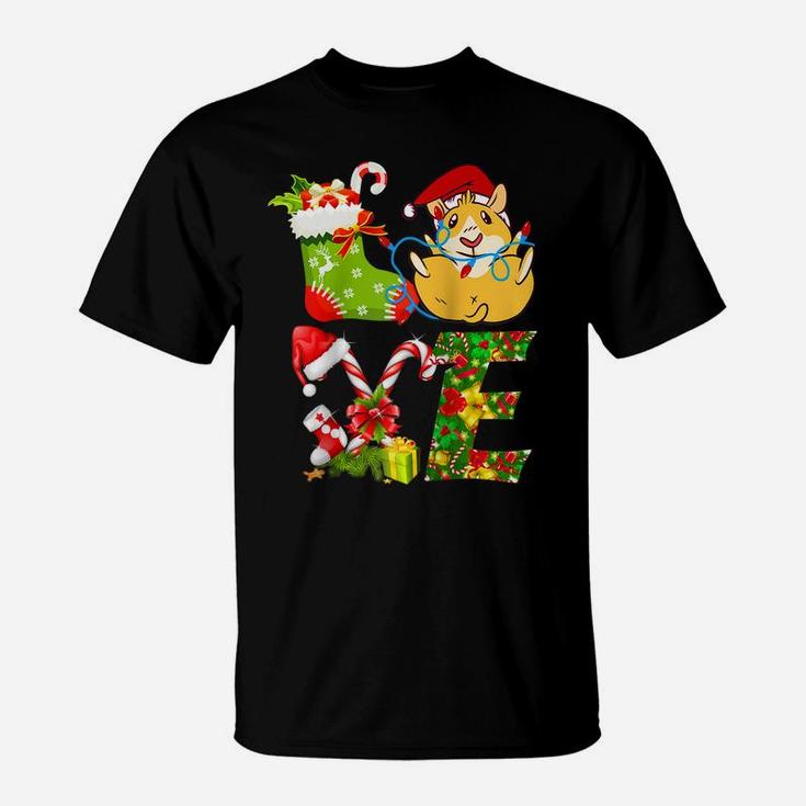 Love Guinea Pig Christmas Lights Funny Santa Hat Christmas Raglan Baseball Tee T-Shirt