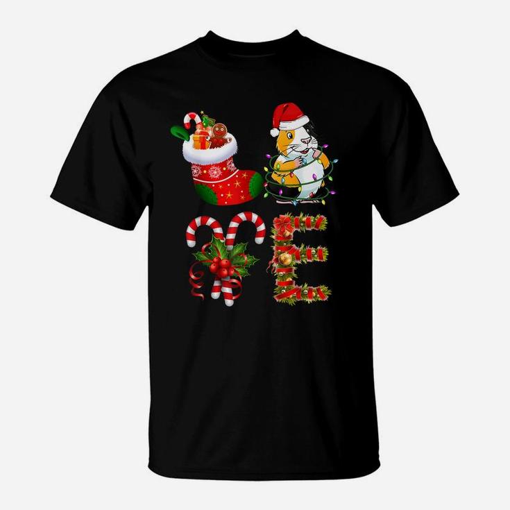 Love Guinea Pig Christmas Lights Funny Santa Hat Christmas T-Shirt