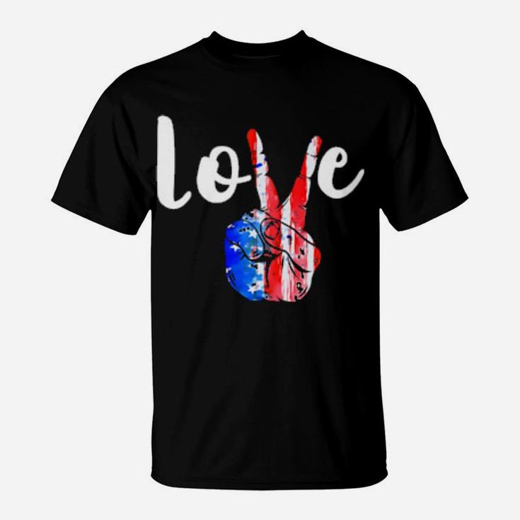 Love Peace Sign American Flag 4Th Of July Patriotic T-Shirt
