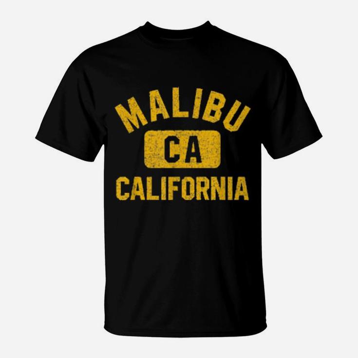 Malibu Ca California Gym Style Distressed Amber Print T-Shirt