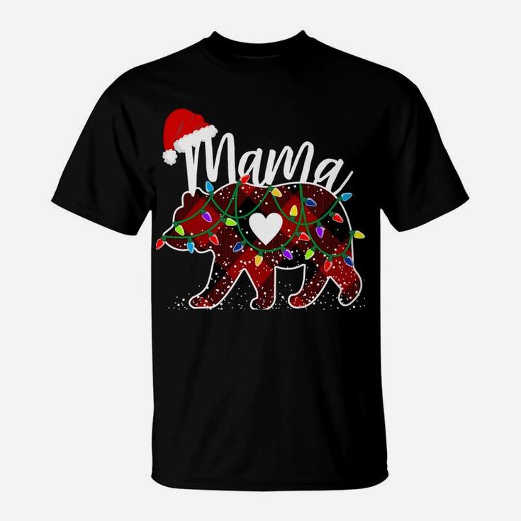 Mama Bear Christmas Red Buffalo Plaid With Santa Hat Lights T-Shirt