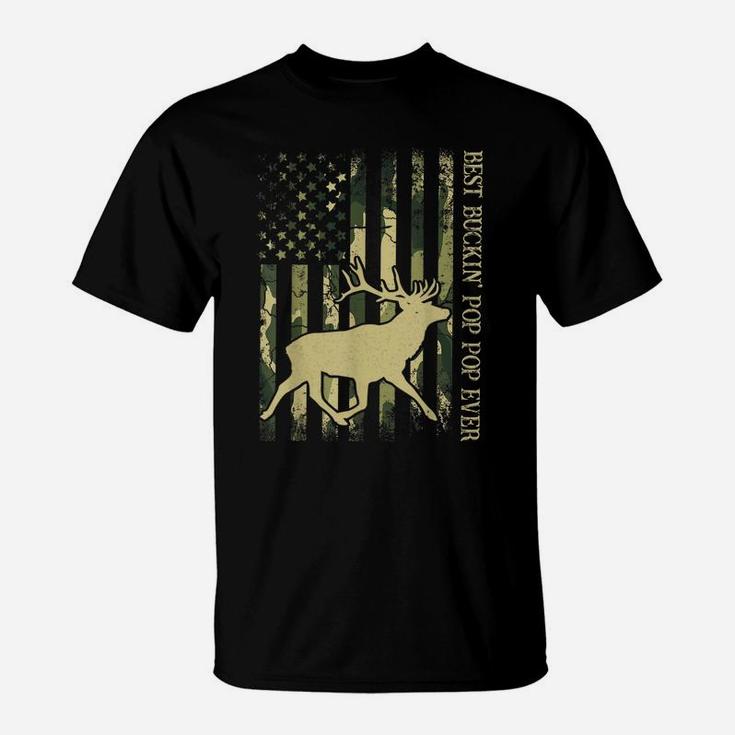 Mens Best Buckin' Pop Pop Ever Camo American Flag Deer Hunting T-Shirt