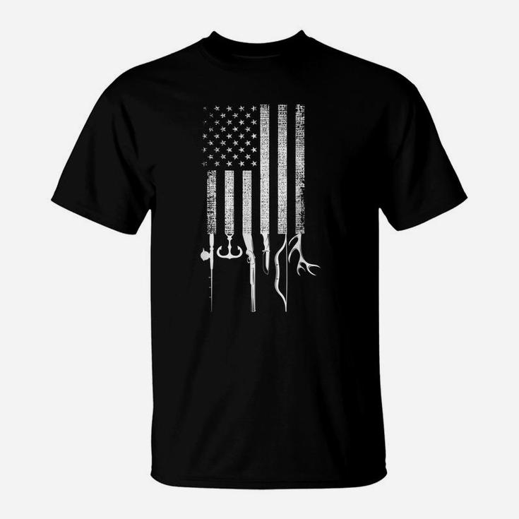 Mens Vintage American Hunting Fishing Usa Flag T-Shirt