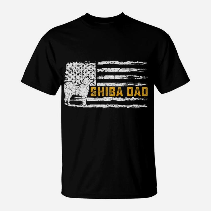 Mens Vintage Usa American Flag Shiba Inu Dog Dad Silhouette Funny T-Shirt
