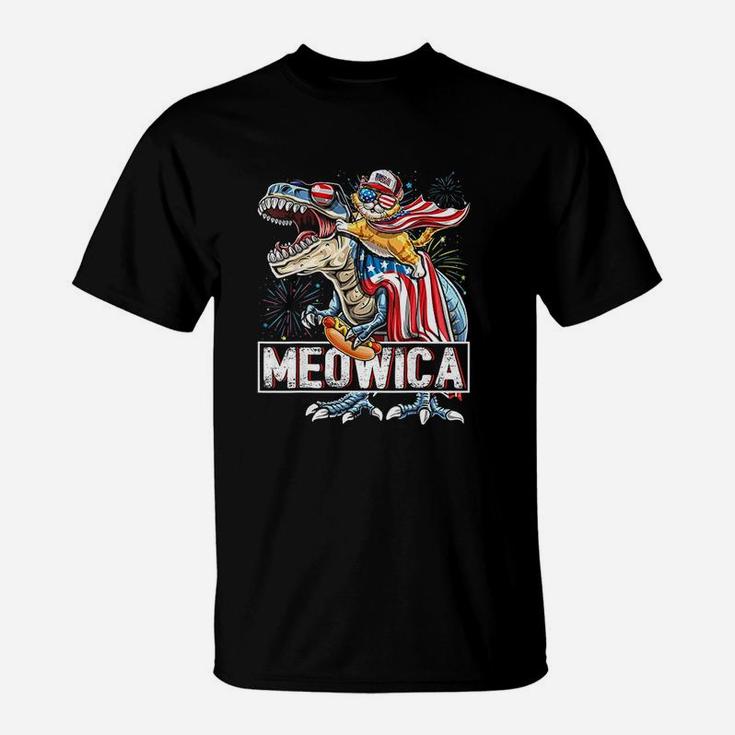 Meowica Cat T Rex Dinosaur 4Th Of July American Flag Kids T-Shirt