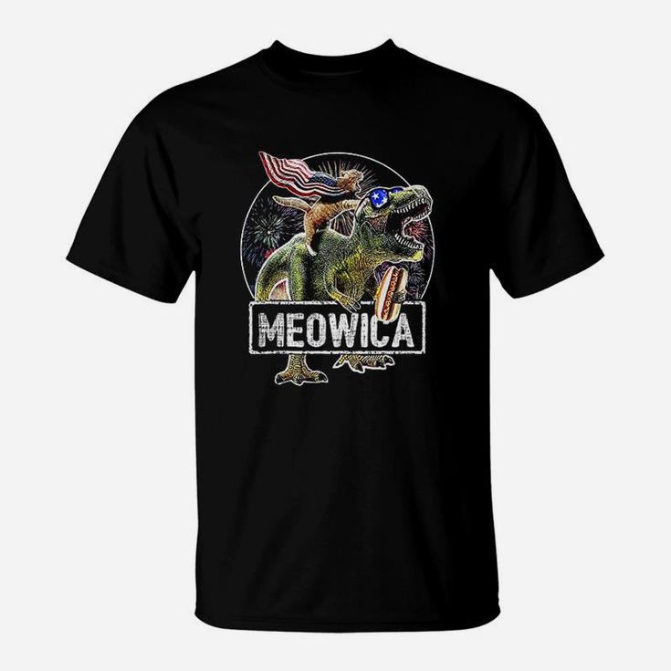 Meowica Cat T Rex Dinosaur American Flag 4Th Of July T-Shirt