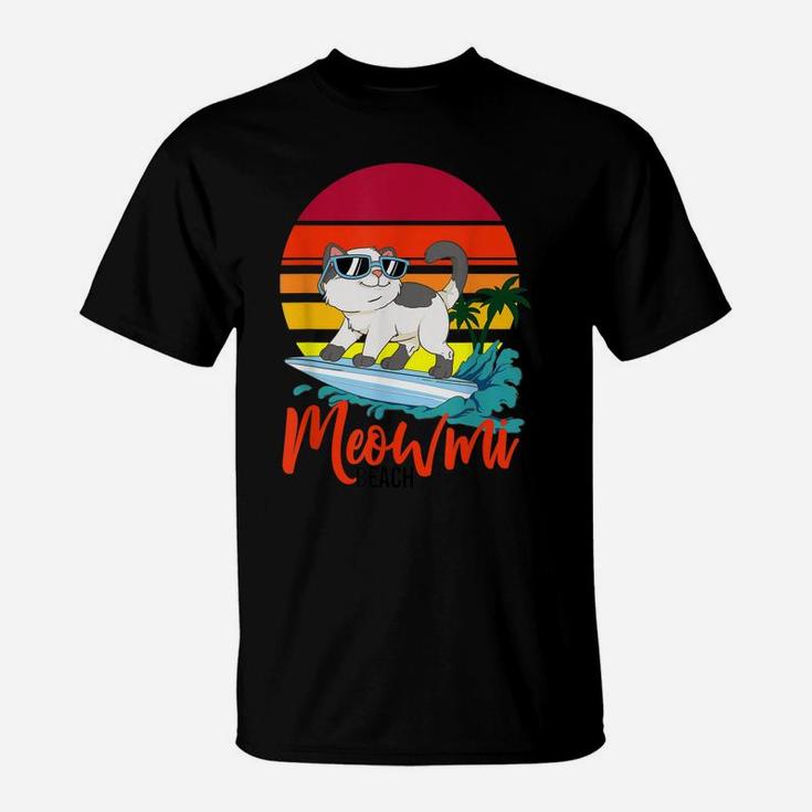 Meowmi Beach Surfing Cat Retro Sunset Ocean Coast Kitten T-Shirt
