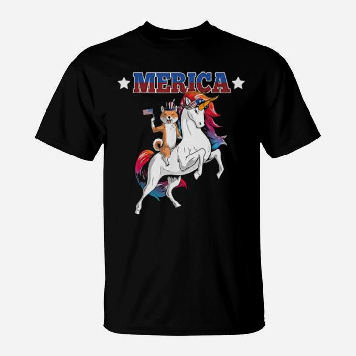 Merica Shiba Inu Dog Unicorn Usa Flag 4Th Of July T-Shirt